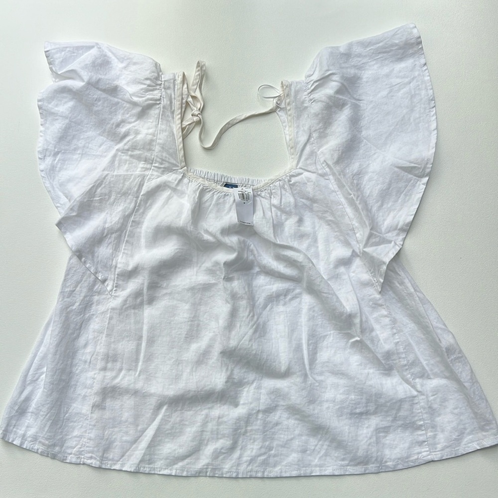 White w/ cream trim Old Navy puff sleeve lightweight beach blouse linen blend M